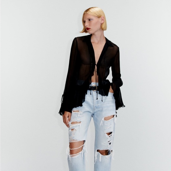 Zara NEW Semi Sheer Blouse with Ruffles - Picture 3 of 6